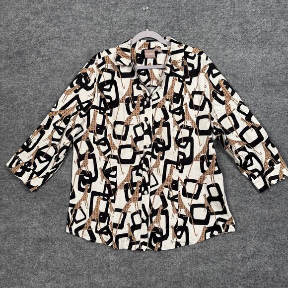 Chico's Size Large 3 Jaguar Button Up Shirt Top White animal Geometric - Picture 2 of 10